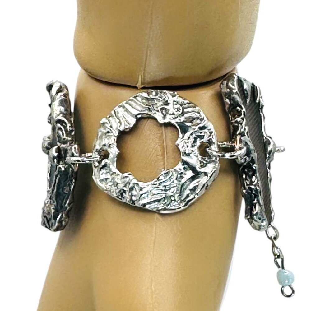 Sea Glass & Silver Cutout Bracelet - Boho Metalwork Adjustable Closure - Picture 7 of 16
